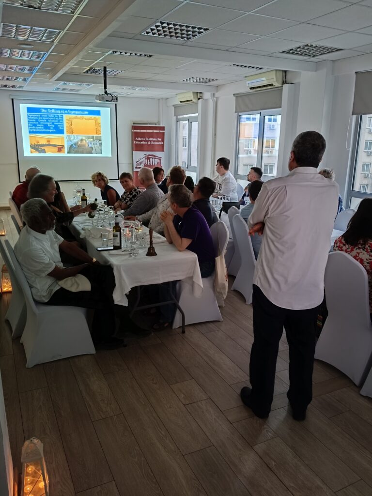 Gregory T. Papanikos’s short presentation on Ancient Athenian Symposiums: Eating, Drinking, and Dialoguing, just before dinner.